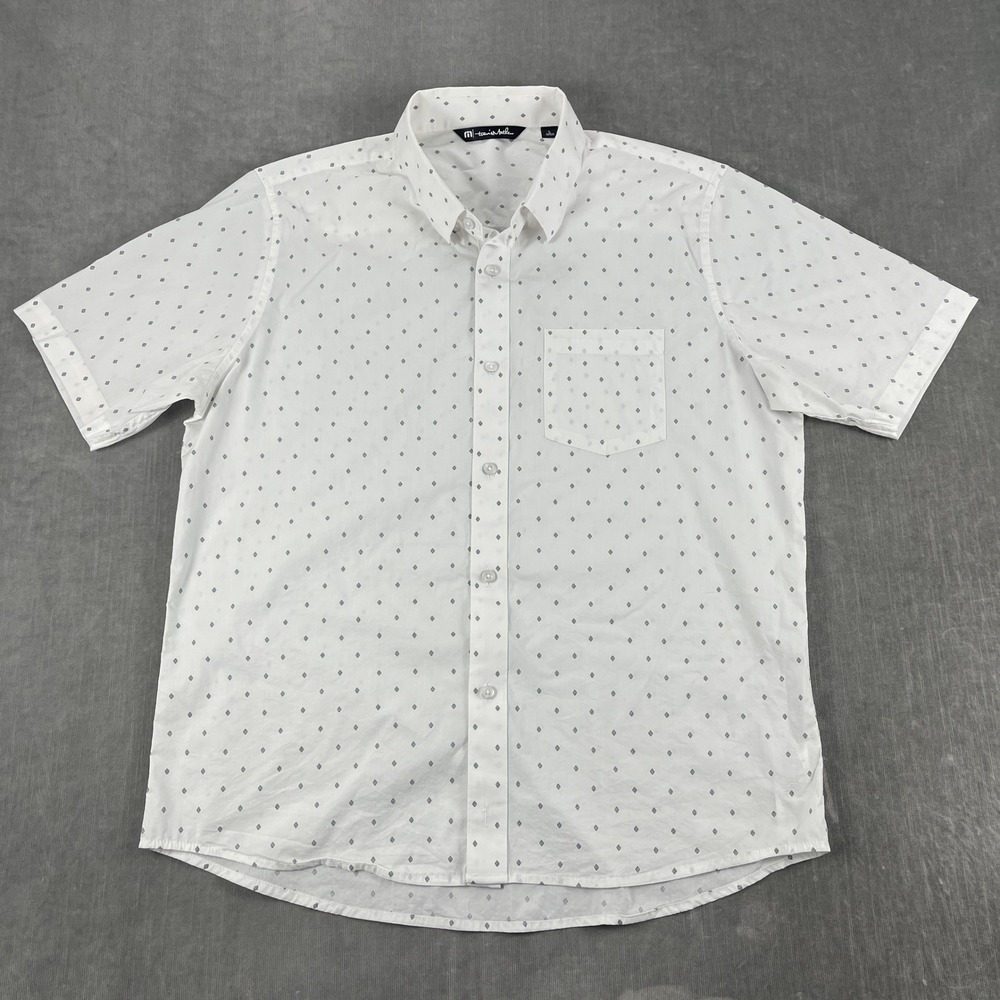 TravisMathew Mens L White Short Sleeve Button Up Shirt Geometric Print Pocket